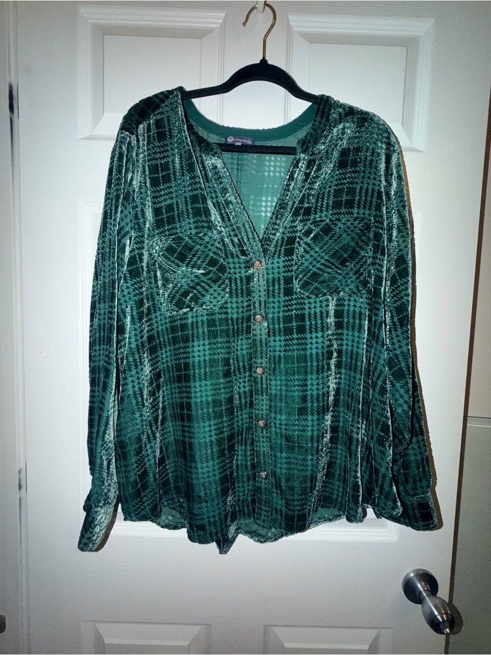 Democracy Womens XL Dark Green Plaid Velvet Burnout Button Front Shirt Blouse - Picture 1 of 4
